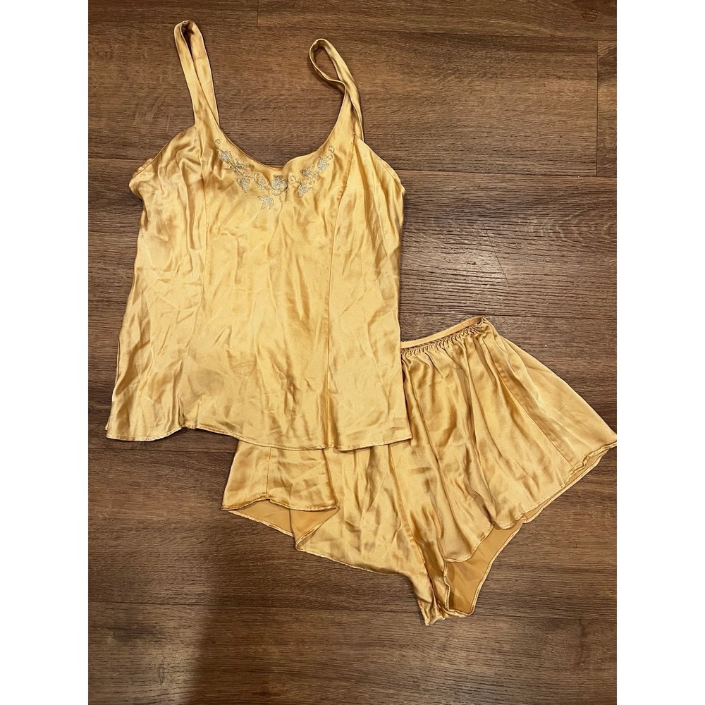 Victoria Secret 100% Silk Vintage gold Pajama Sleep Set siz medium